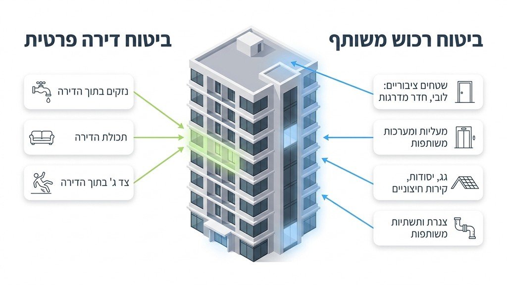 נוצר על ידי מודל בינה מלאכותית Gemini Pro טבלת השוואה הממחישה את מרכיבי ביטוח המבנה המשותף